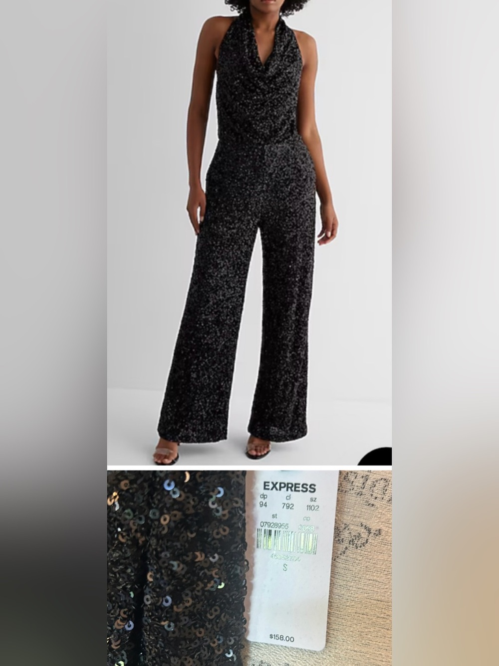 Express Sequin Jumpsuit Black Cowl Neck Wide Leg Halter Party Club NWT New Small